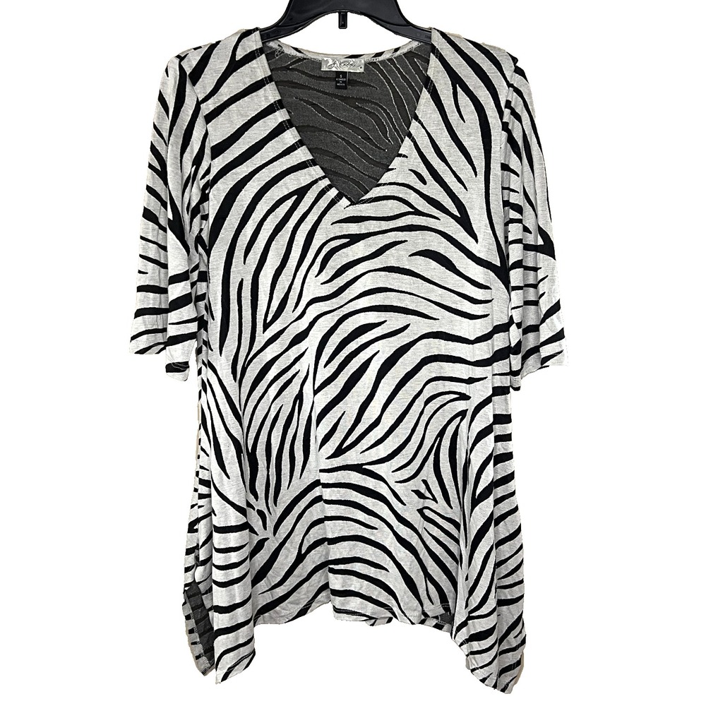 J' Valdi Zebra Print V-Neck Tunic Top Women's S Asymmetrical Hem Sheer Retro